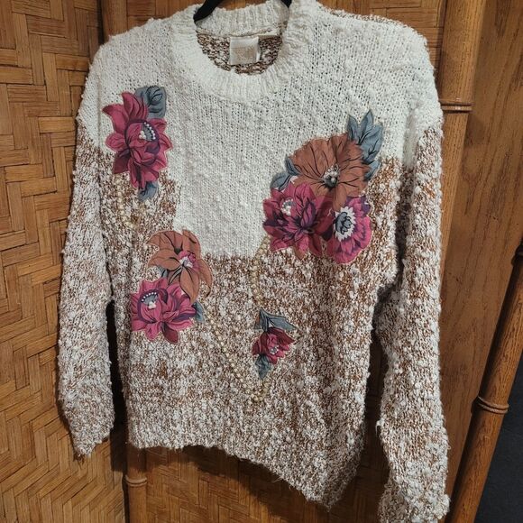 needle & yarn Cream Brown Mauve Burgundy Marled Cottage knitted sweater flower M - Picture 1 of 7